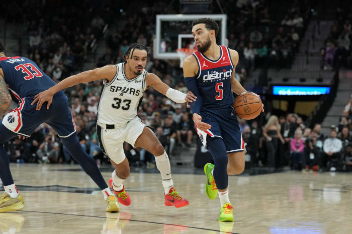 Jan 29, 2024; San Antonio, Texas, USA; Washington Wizards guard Tyus Jones (5) dribbles past San Antonio Spurs guard Tre Jones (33) in the second half at Frost Bank Center.